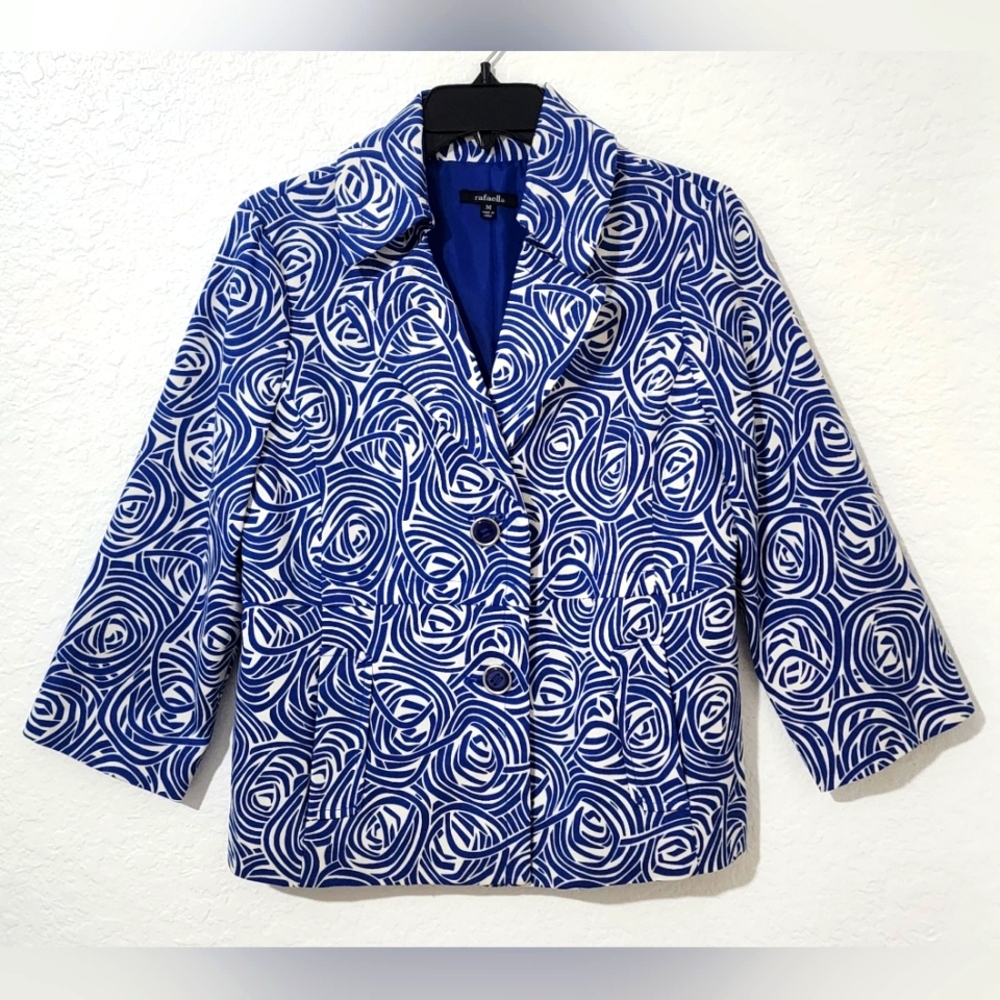 Rafaella Women's Blue White Swirl Pattern 3/4 Sleeve Jacket Size M